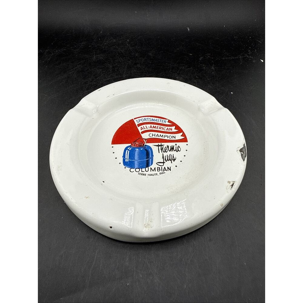 Vintage Columbian Thermic Jug Enamel Ashtray Porcelain Coated Metal